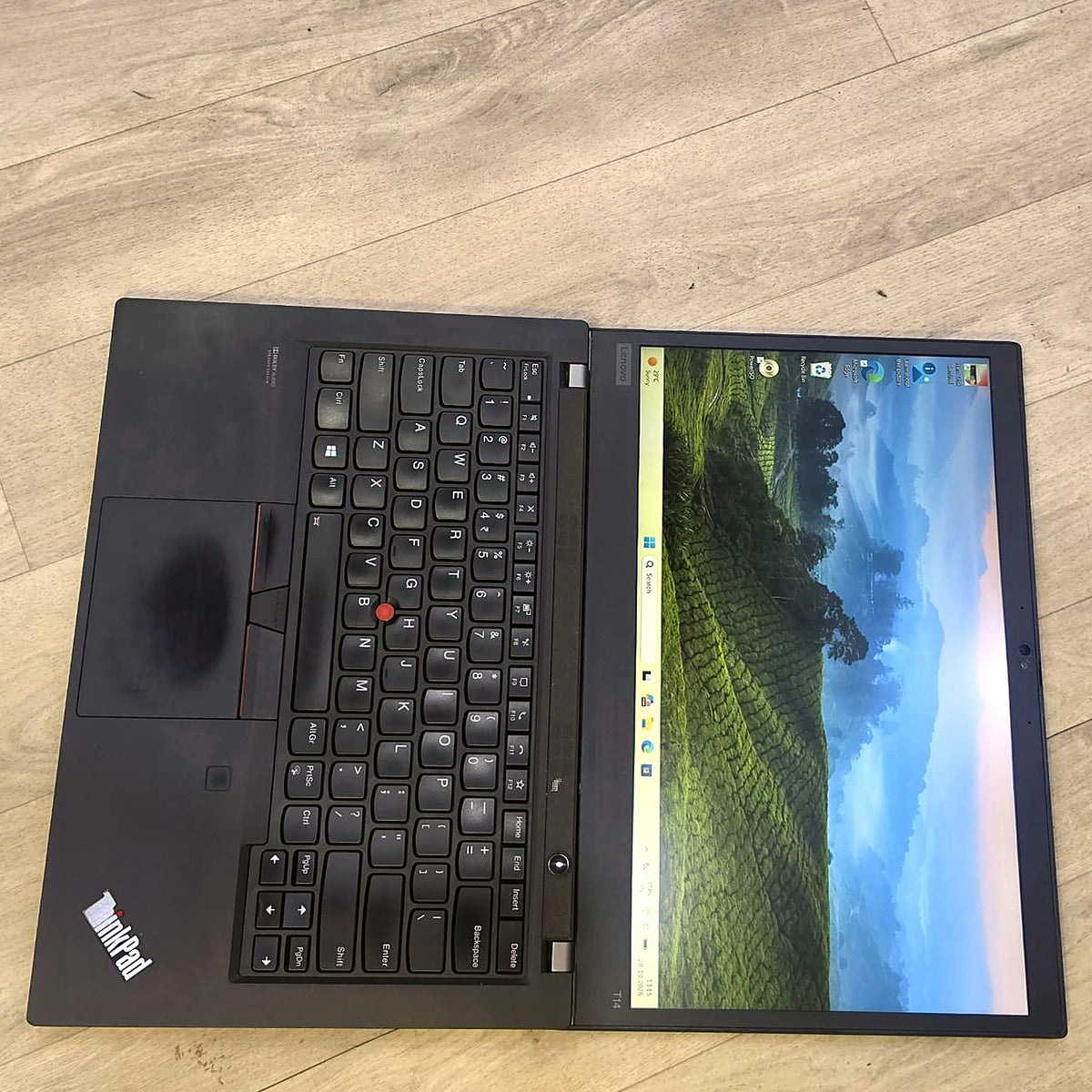 Lenovo ThinkPad T14 Gen 2 top view with backlit keyboard and fingerprint reader